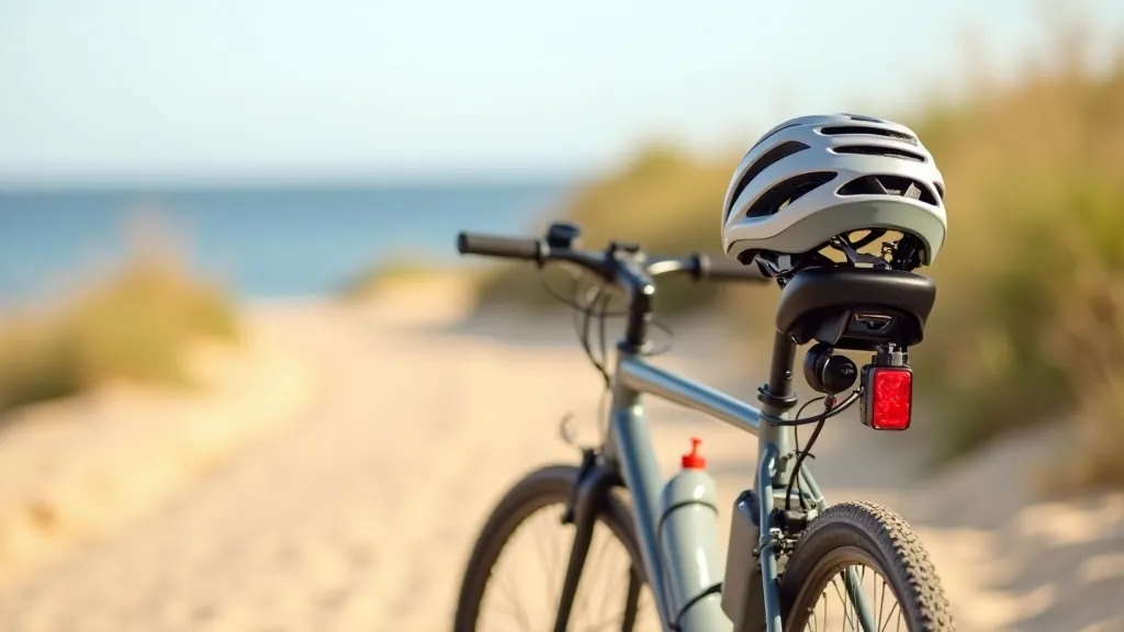 Velosipēds ar drošības aprīkojumu — ķiveri, priekšēju un aizmugurējo gaismu uz plakana ceļa