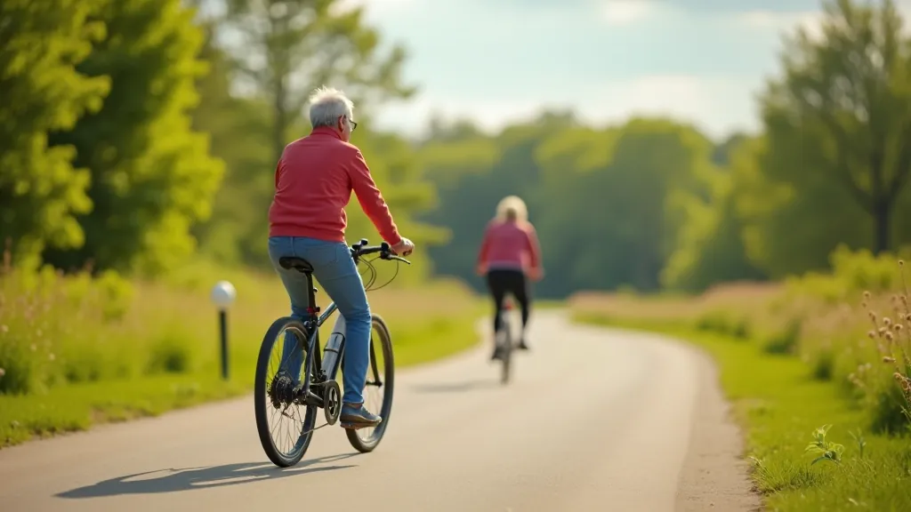 E-velosipēds uz ceļa ar senioru, modernu tehniku un komfortu