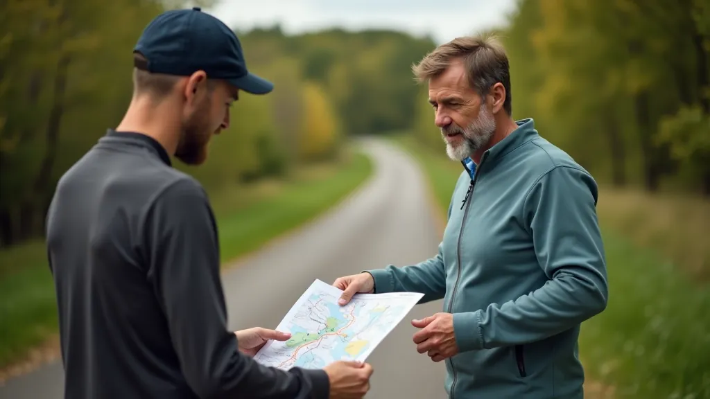 Vadītājs detalizēti izskaidro maršruta detaļas senioriem